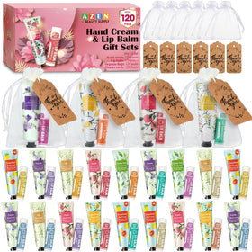 Set de 120 crèmes à main et baumes à lèvres AZEN avec sachets en organza