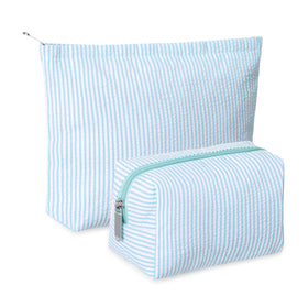 Set de 2 pochettes de maquillage Huhumy en seersucker, modèle bleu clair
