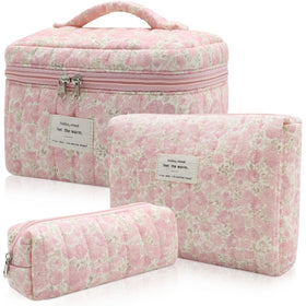 Set de 3 pochettes maquillage Gosect fleuries en coton rose