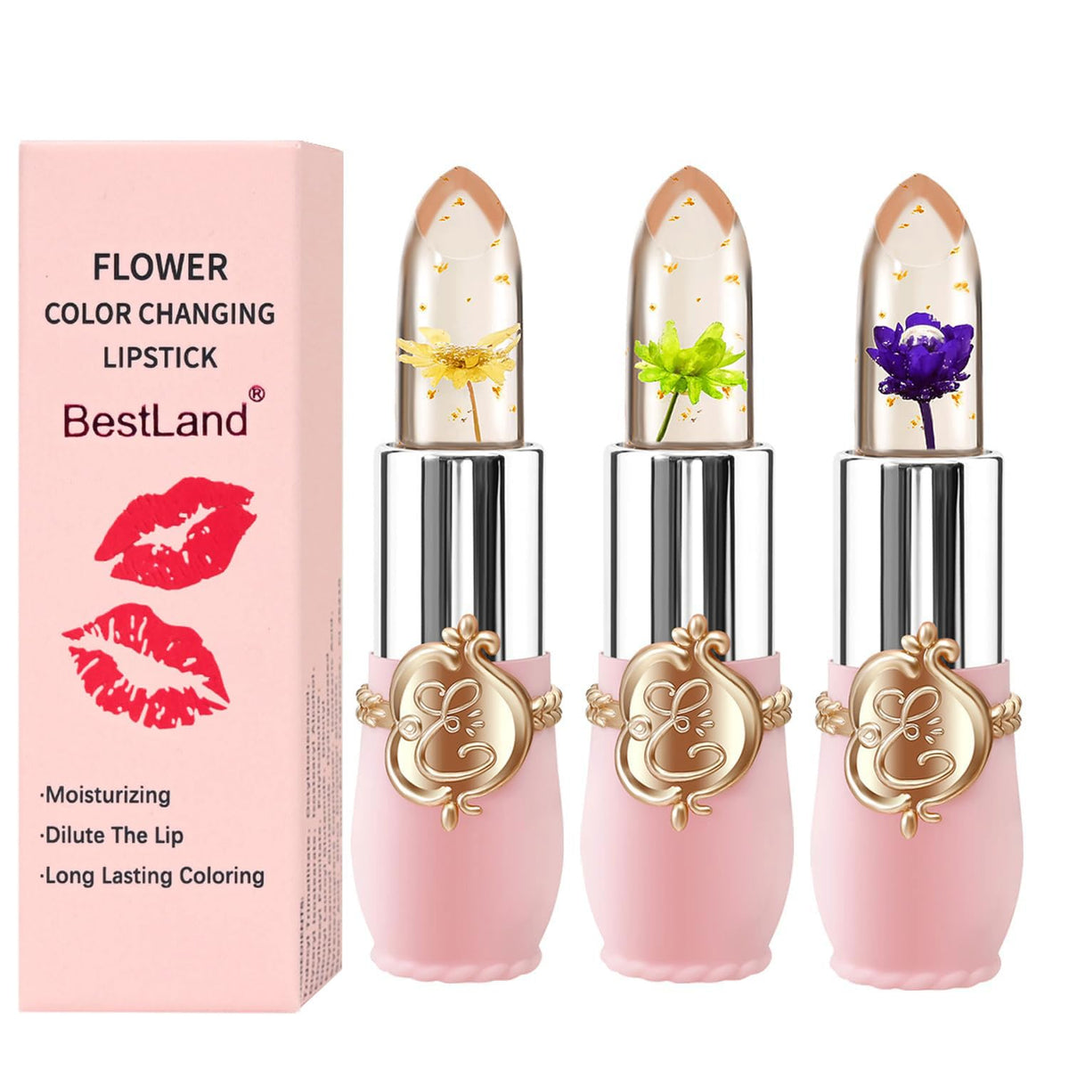Set de 3 rouges à lèvres Jelly Fleur BestLand avec fleurs et paillettes dorées