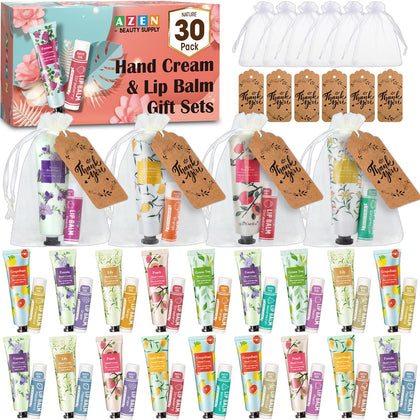 Set de 30 crèmes pour les mains et baumes à lèvres AZEN avec sacs en organza