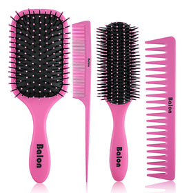 Set de 4 brosses démêlantes BALON, modèle rose, comprenant une brosse plate et un peigne.