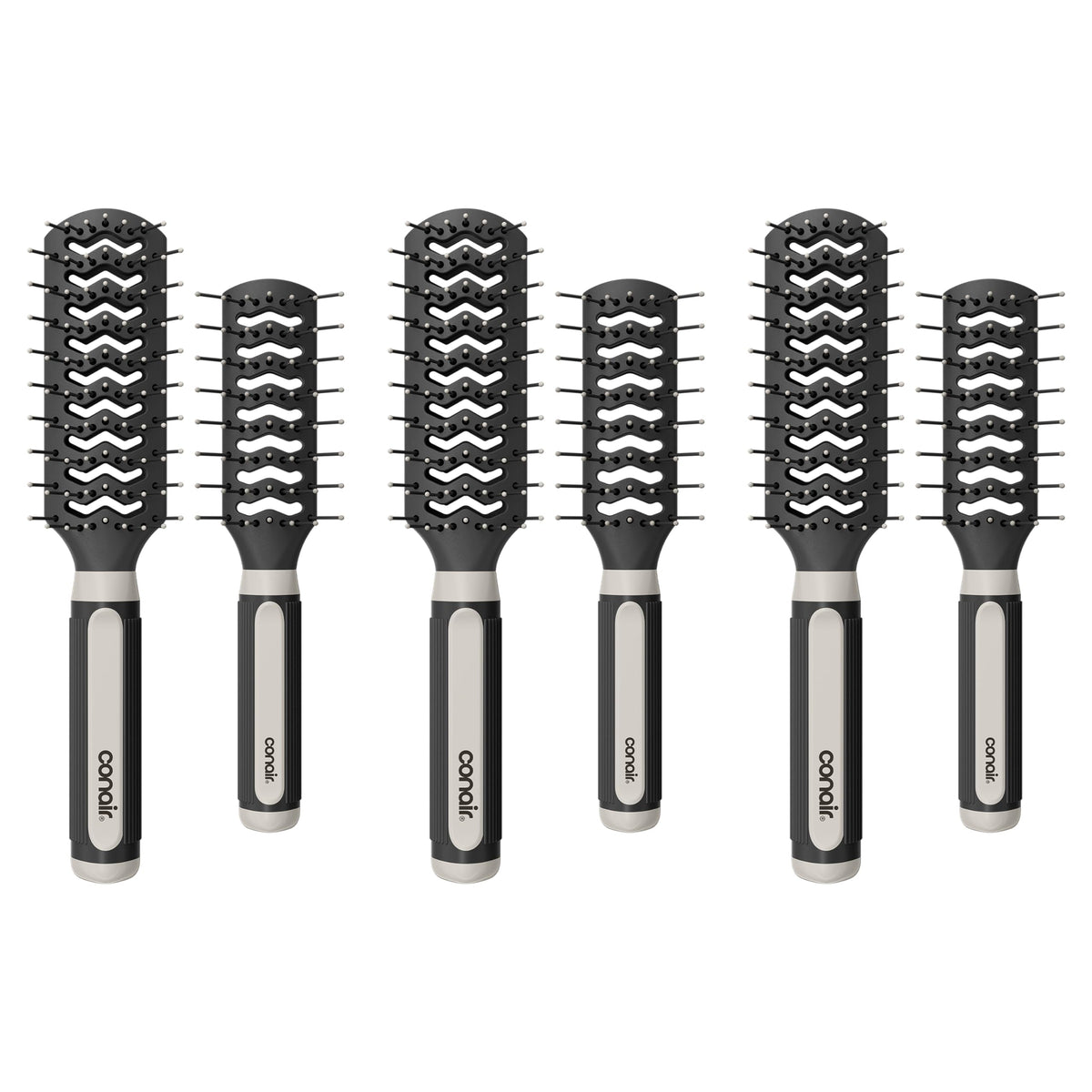 Set de 6 brosses à cheveux Conair, modèle noir avec trois brosses de taille normale et trois brosses de taille intermédiaire