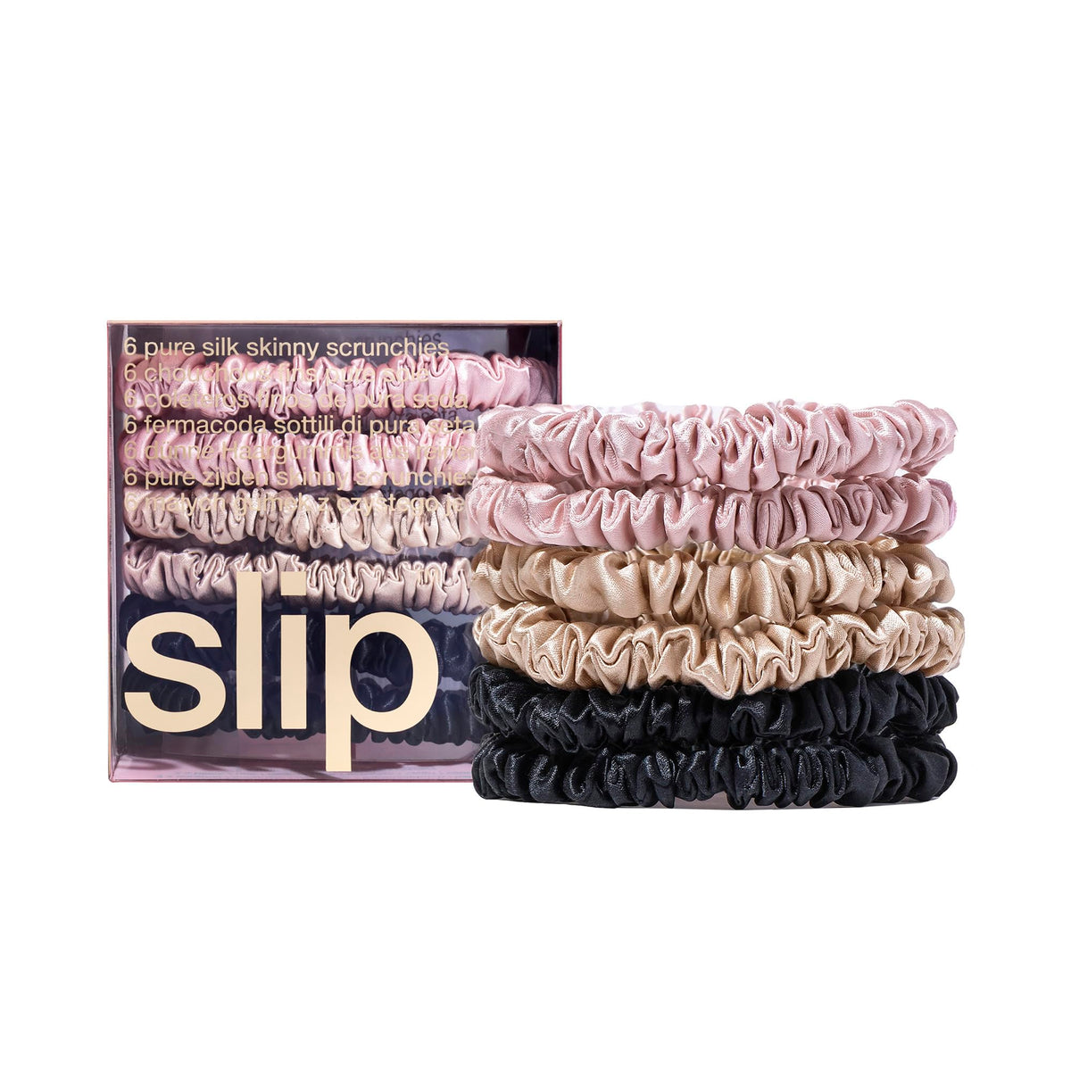 Set de 6 scrunchies en soie SLIP en rose, caramel et noir