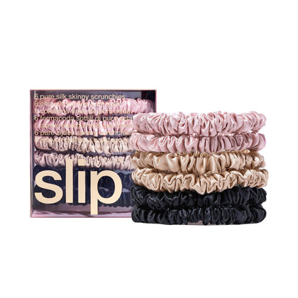 Set de 6 scrunchies en soie SLIP en rose, caramel et noir