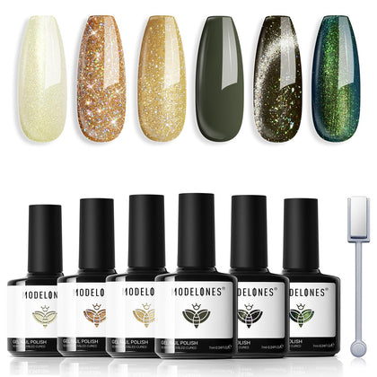 Set de 6 vernis gel Cat Eye modelones avec paillettes dorées