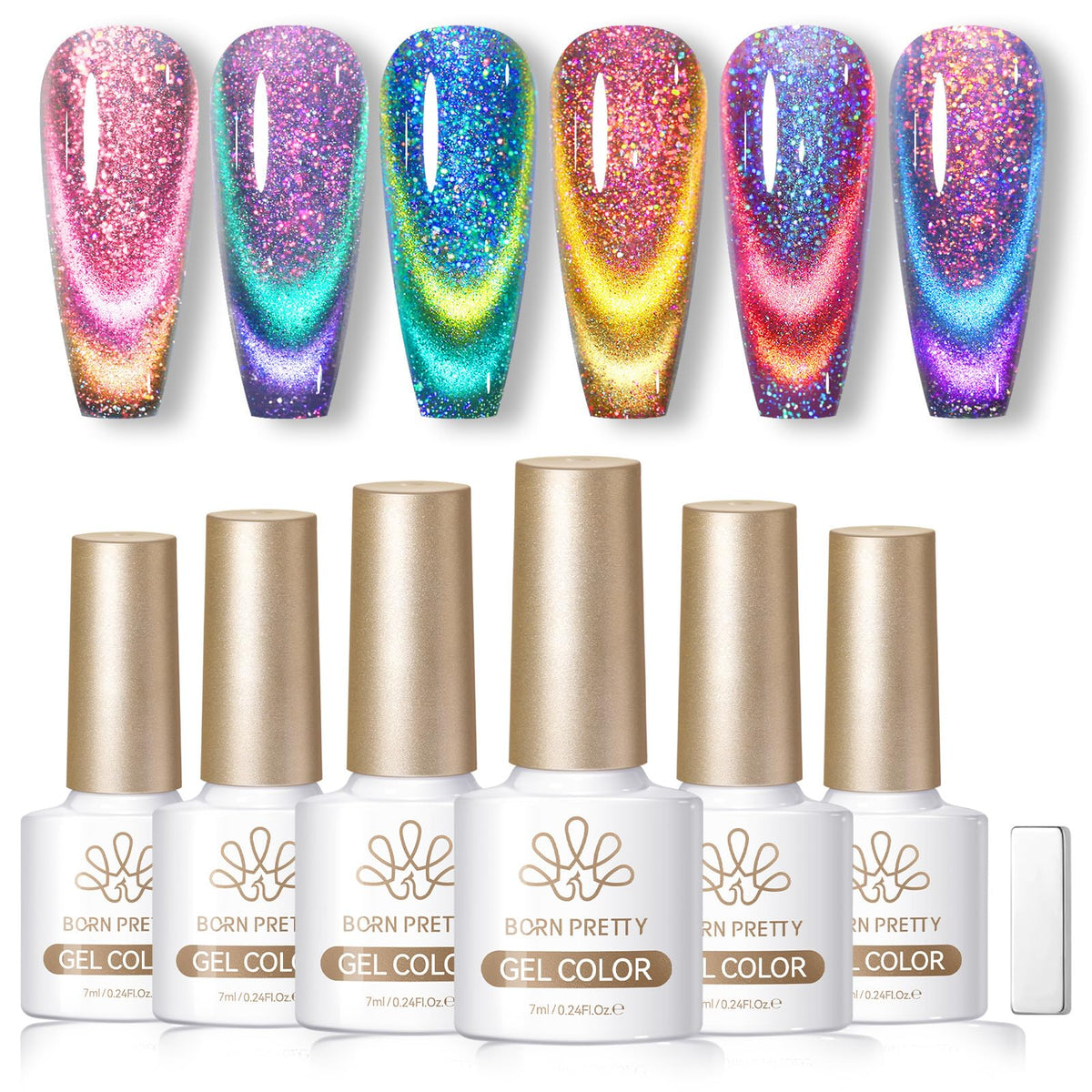 Set de 6 vernis gel magnétique Born Pretty 7ml avec effet chameleon