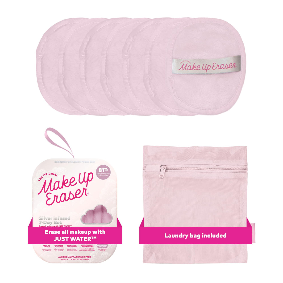 Set de 7 pads MakeUp Eraser en vue de face, couleur argentée
