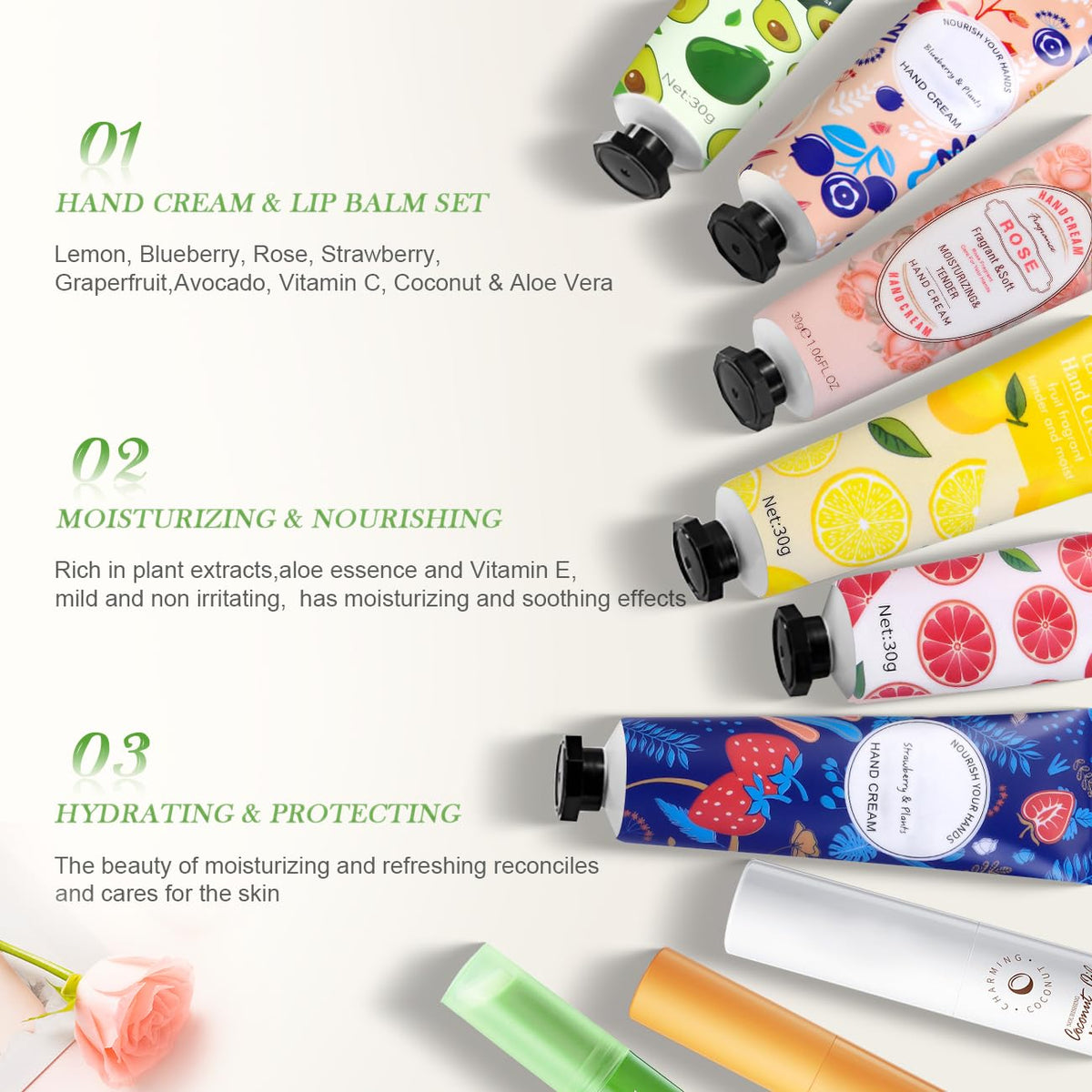 Set de baume à lèvres et crème pour les mains SUPERSUN en usage