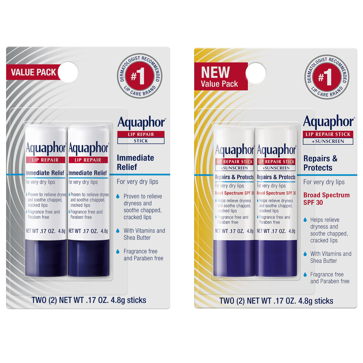 Set de baumes à lèvres Aquaphor avec quatre produits en vue de face