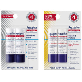 Set de baumes à lèvres Aquaphor avec quatre produits en vue de face