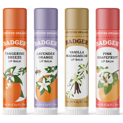 Set de baumes à lèvres bio Badger en boîte jaune avec 4 saveurs