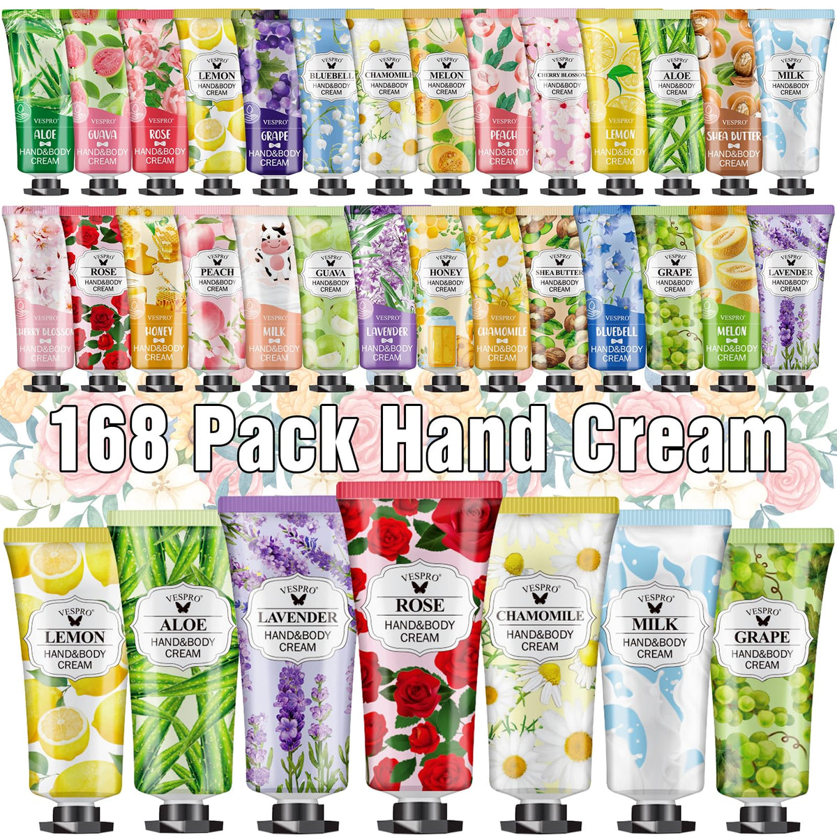 Set de crèmes pour les mains VESPRO vue d'ensemble avec 14 parfums