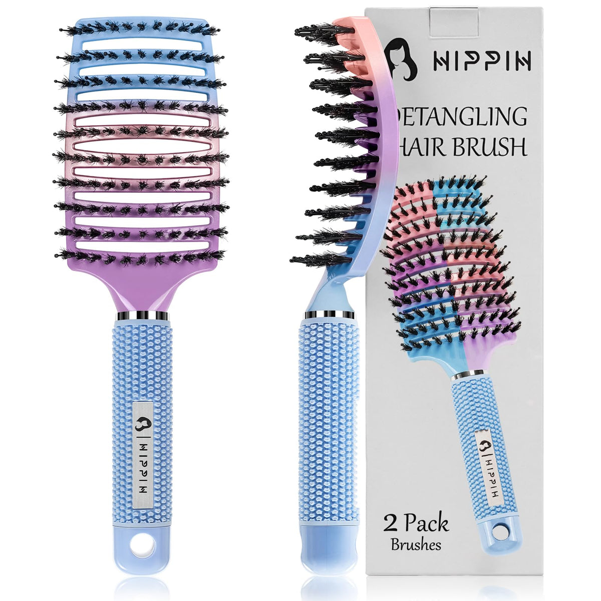 Set de deux brosses à cheveux HIPPIH en poils de sanglier, vue de face