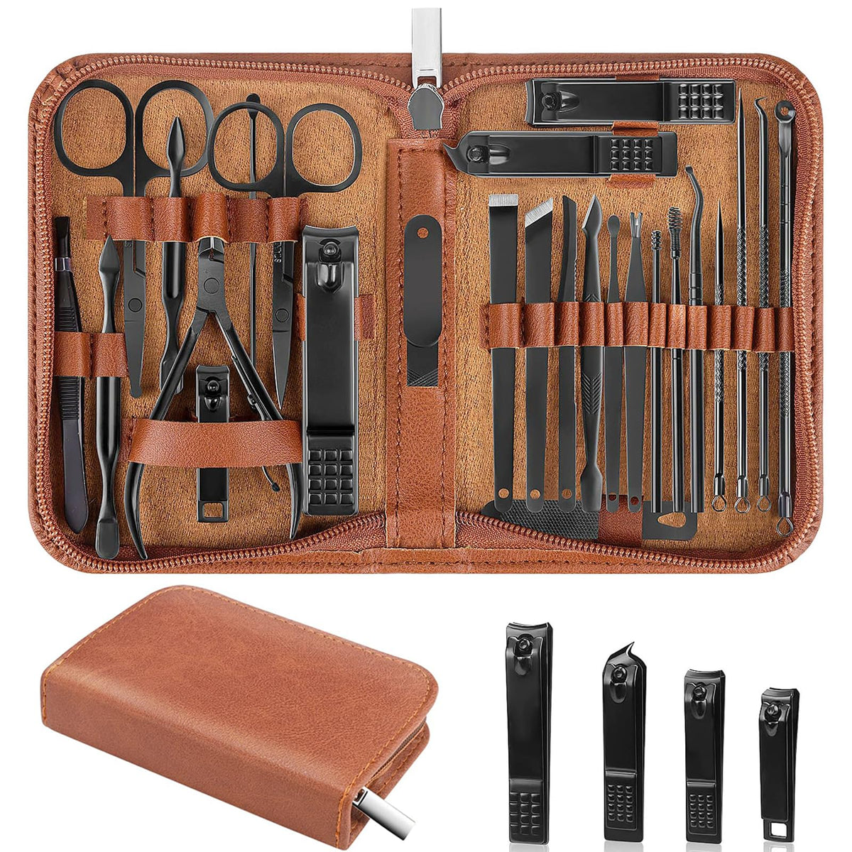 Set de manucure LUCK AROUND 26 pièces avec étui en cuir marron