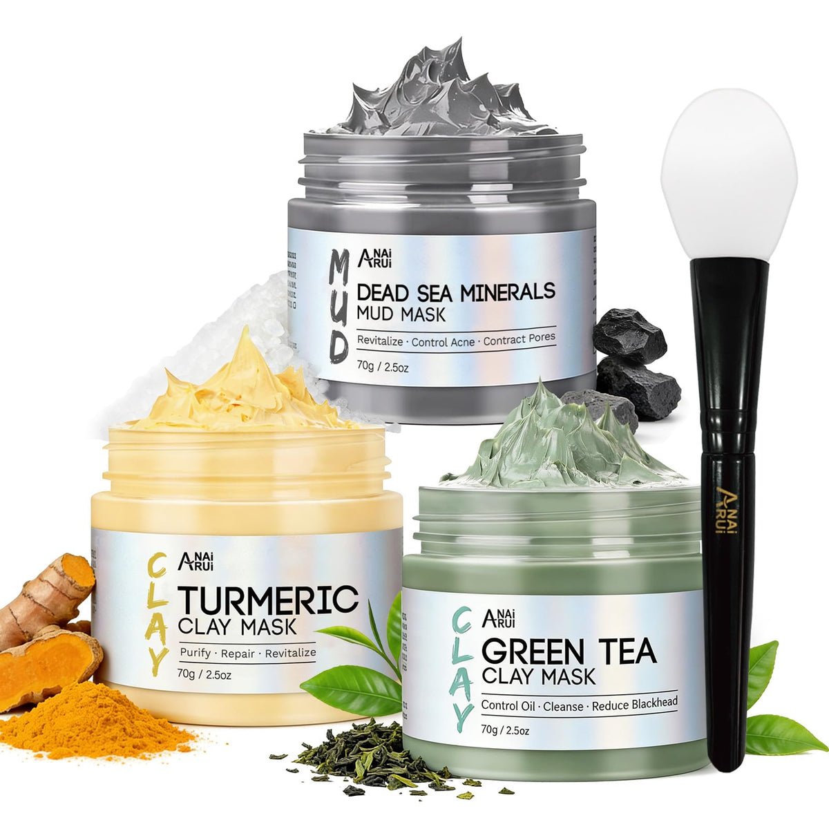 Set de masques ANAI RUI avec trois pots: Curcuma, Thé Vert, Boue de Mer Morte