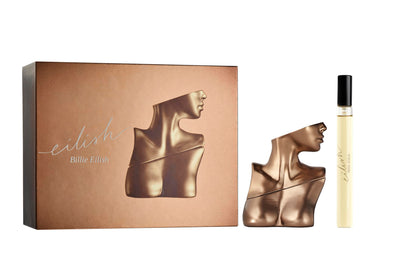 Set de parfum Billie Eilish avec flacon doré et dimensions
