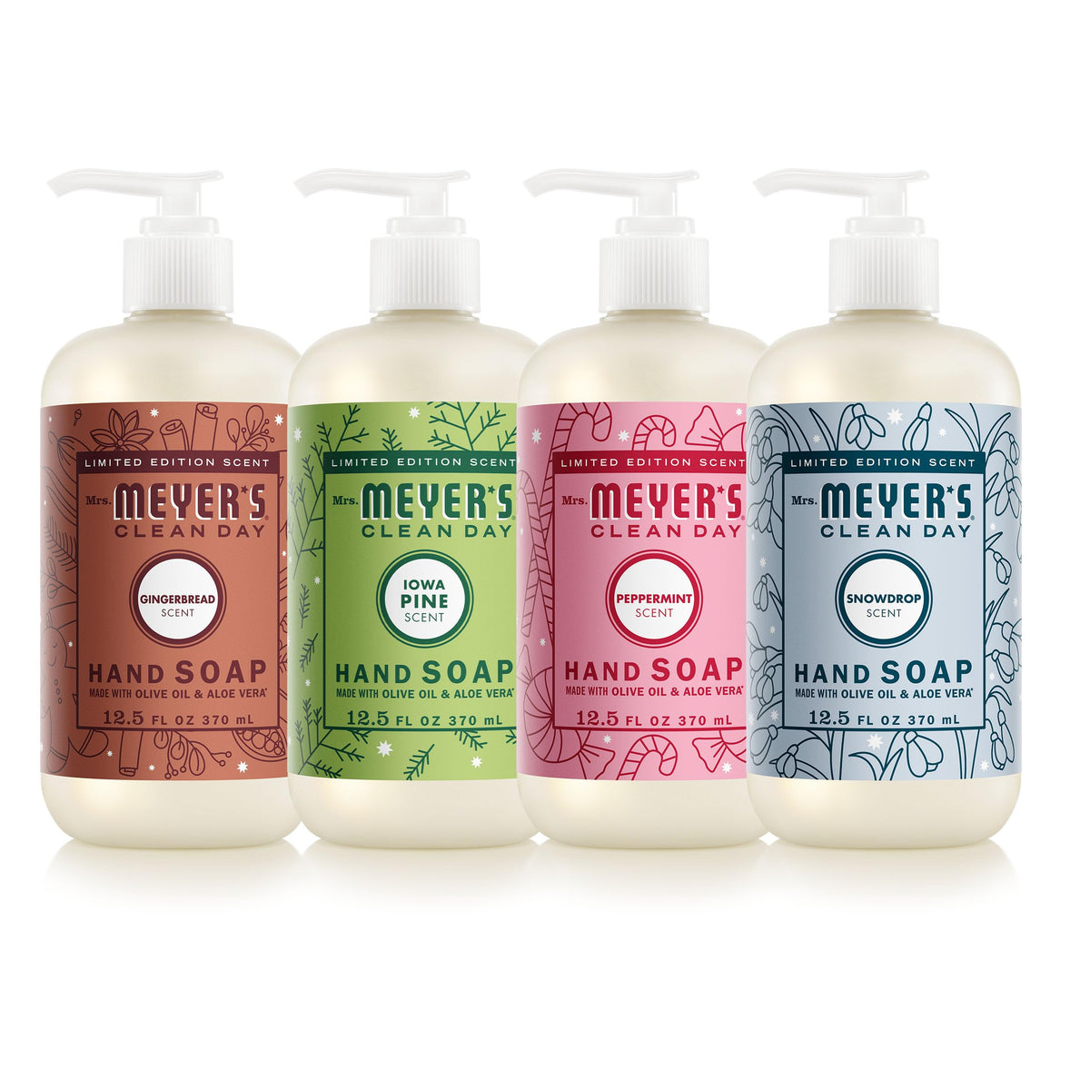 Set de Savons Liquides pour les Mains Mrs. MEYER'S avec quatre flacons aux parfums festifs