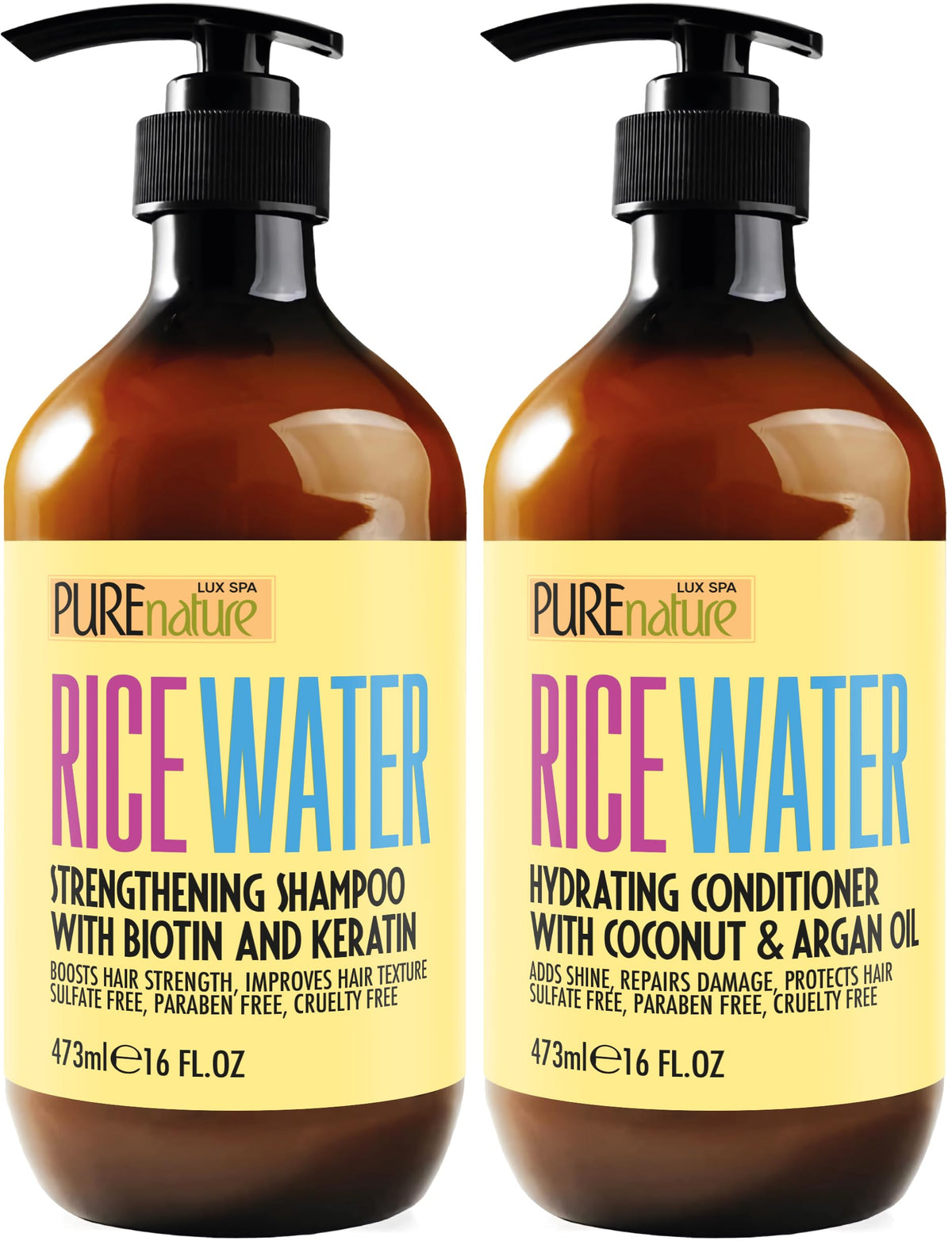 Set de shampooing et après-shampooing à l'eau de riz PURE NATURE LUX SPA, vue de face