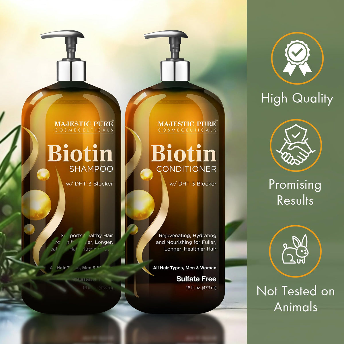 Set de shampooing et après-shampooing Biotin Majestic Pure sur une surface en bois