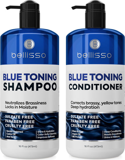 Set de shampooing et après-shampooing bleu BELLISSO avec packaging