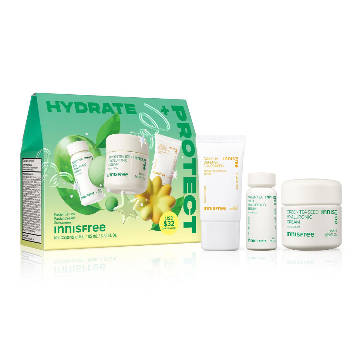 Set de soin innisfree comprenant sérum, crème et crème solaire