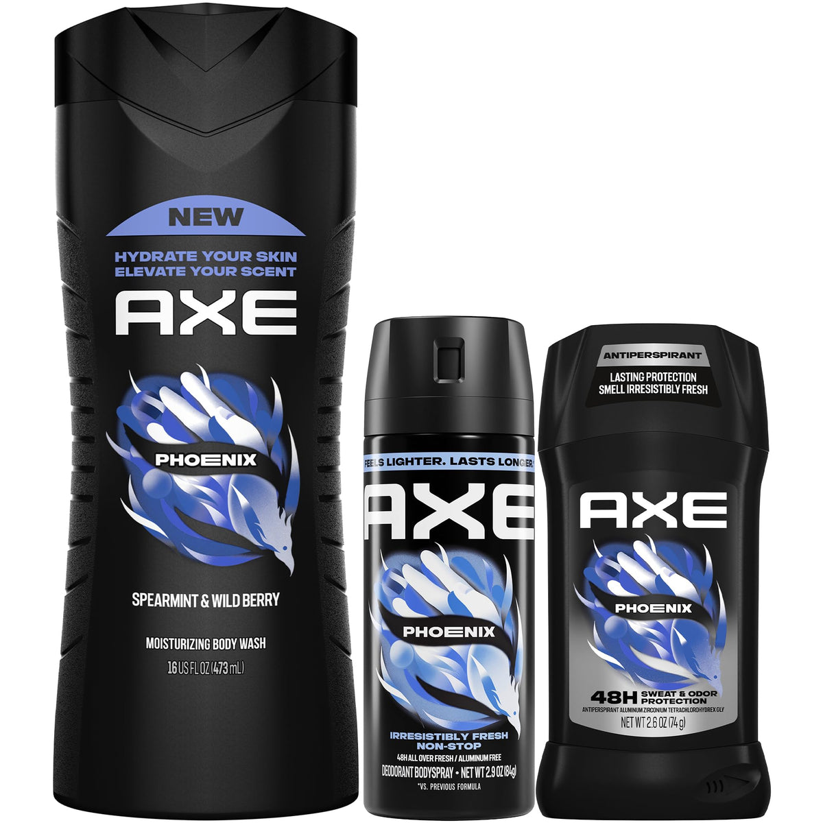 Set de soins corporels AXE Phoenix incluant gel douche, déodorant stick et spray