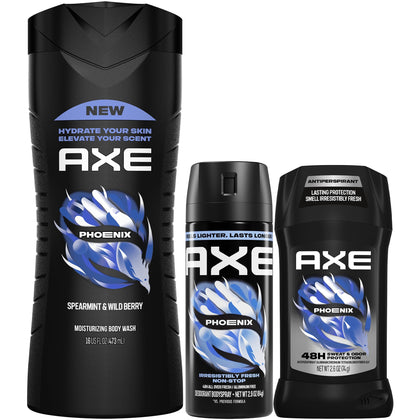 Set de soins corporels AXE Phoenix incluant gel douche, déodorant stick et spray