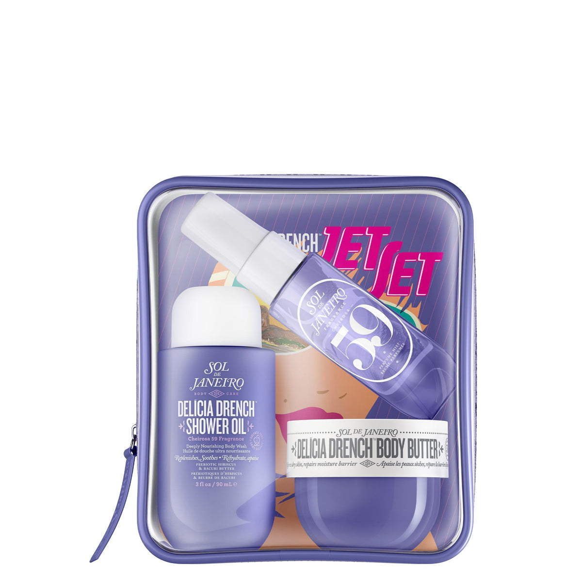 Set de soins hydratants Delicia Drench de Sol de Janeiro devant un fond neutre