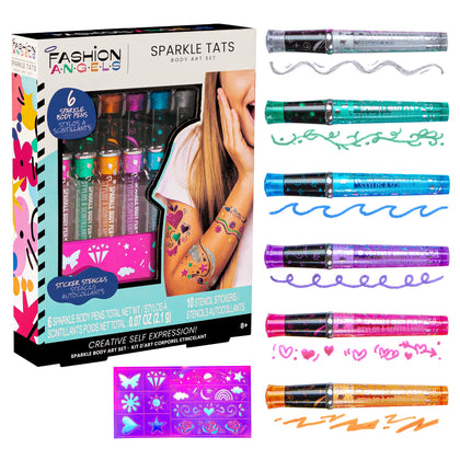 Set de tatouages éphémères paillettes Fashion Angels avec stylos colorés