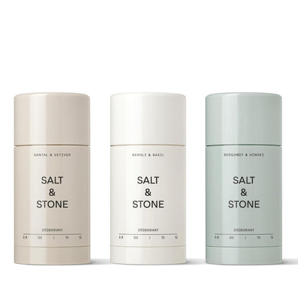 Set de trois déodorants Salt & Stone avec packaging