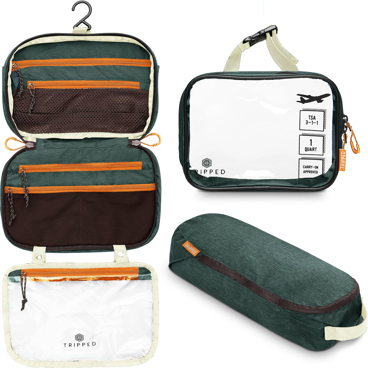 Set de trousse de toilette TRIPPED Travel Gear en vert, vue de face