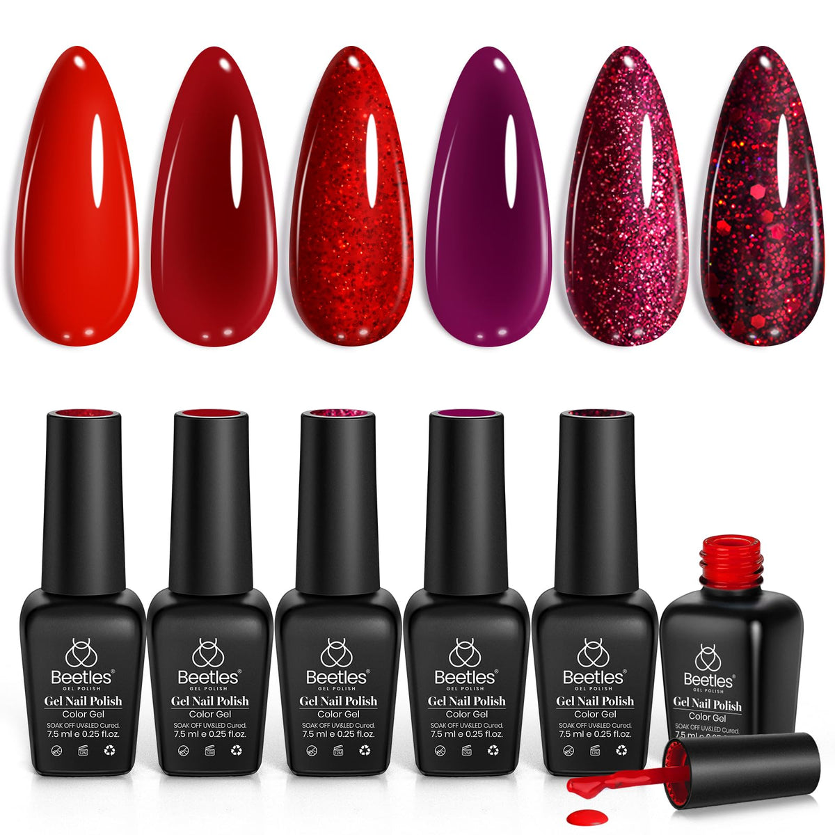 Set de vernis à ongles beetles avec 6 couleurs rouges et paillettes