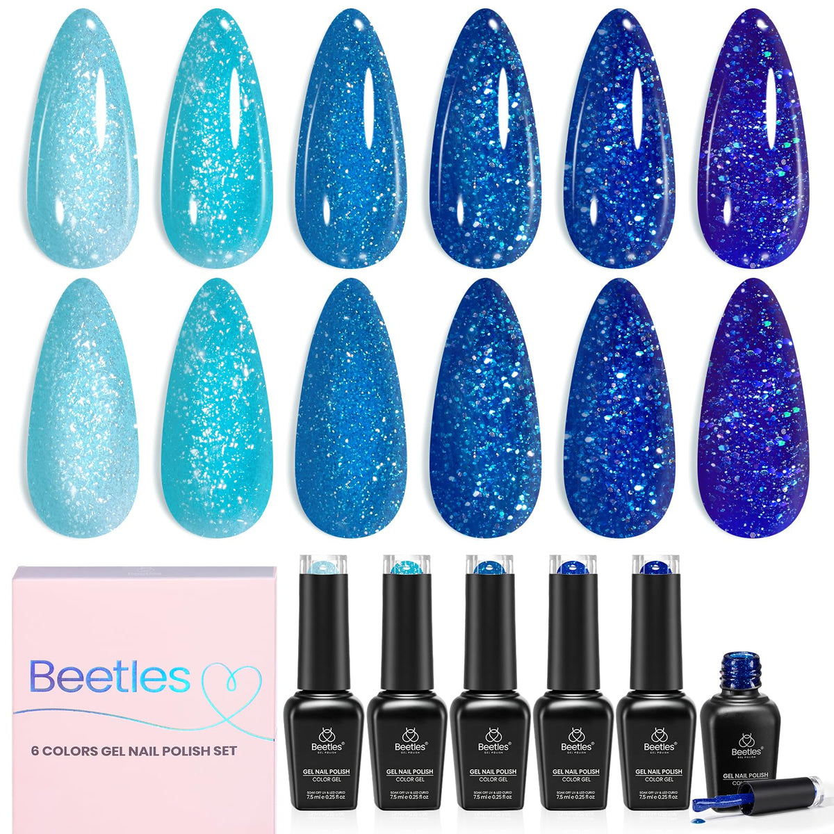 Set de vernis à ongles gel bleu beetles avec 6 couleurs scintillantes