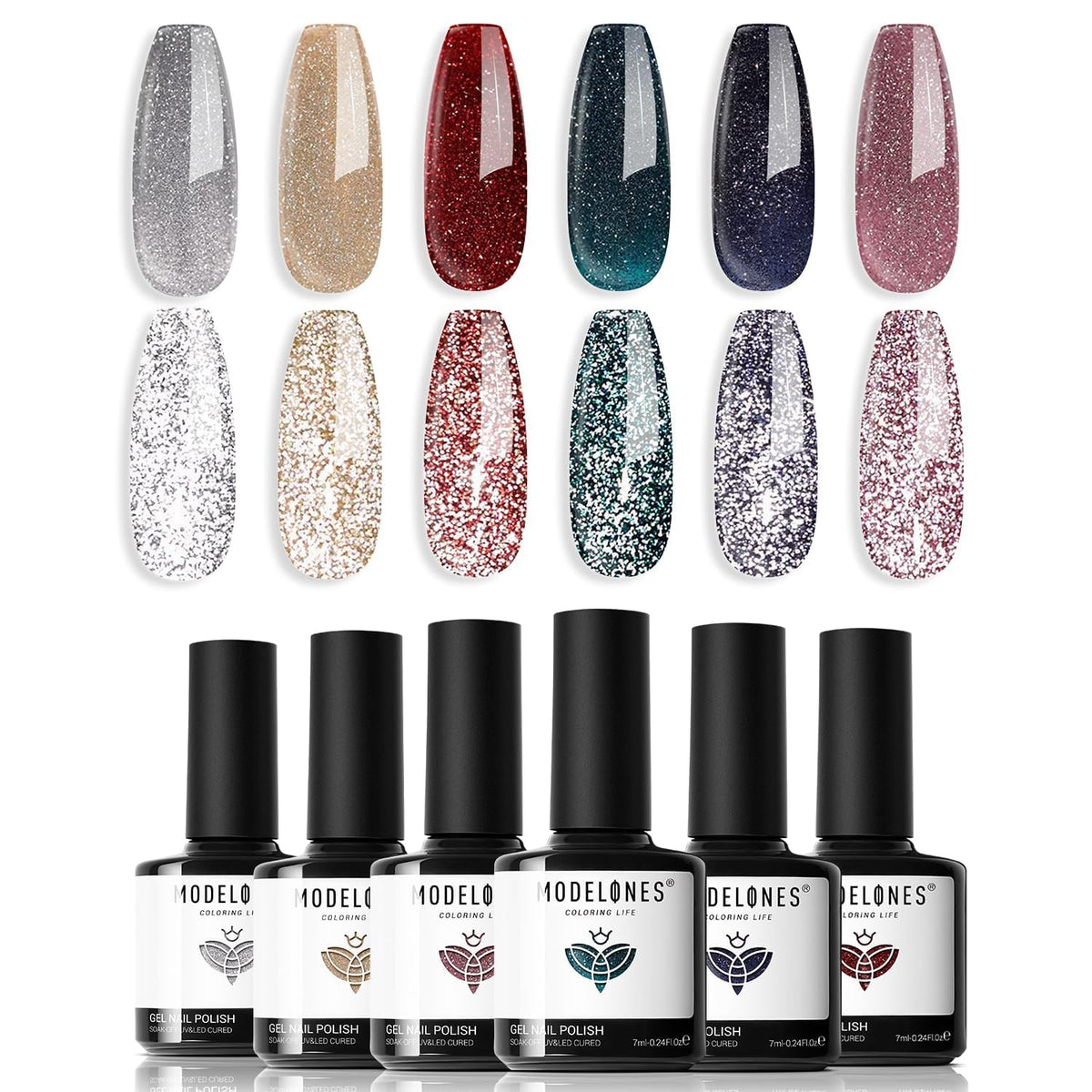 Set de vernis à ongles glitter modelones, 6 couleurs, vue de face