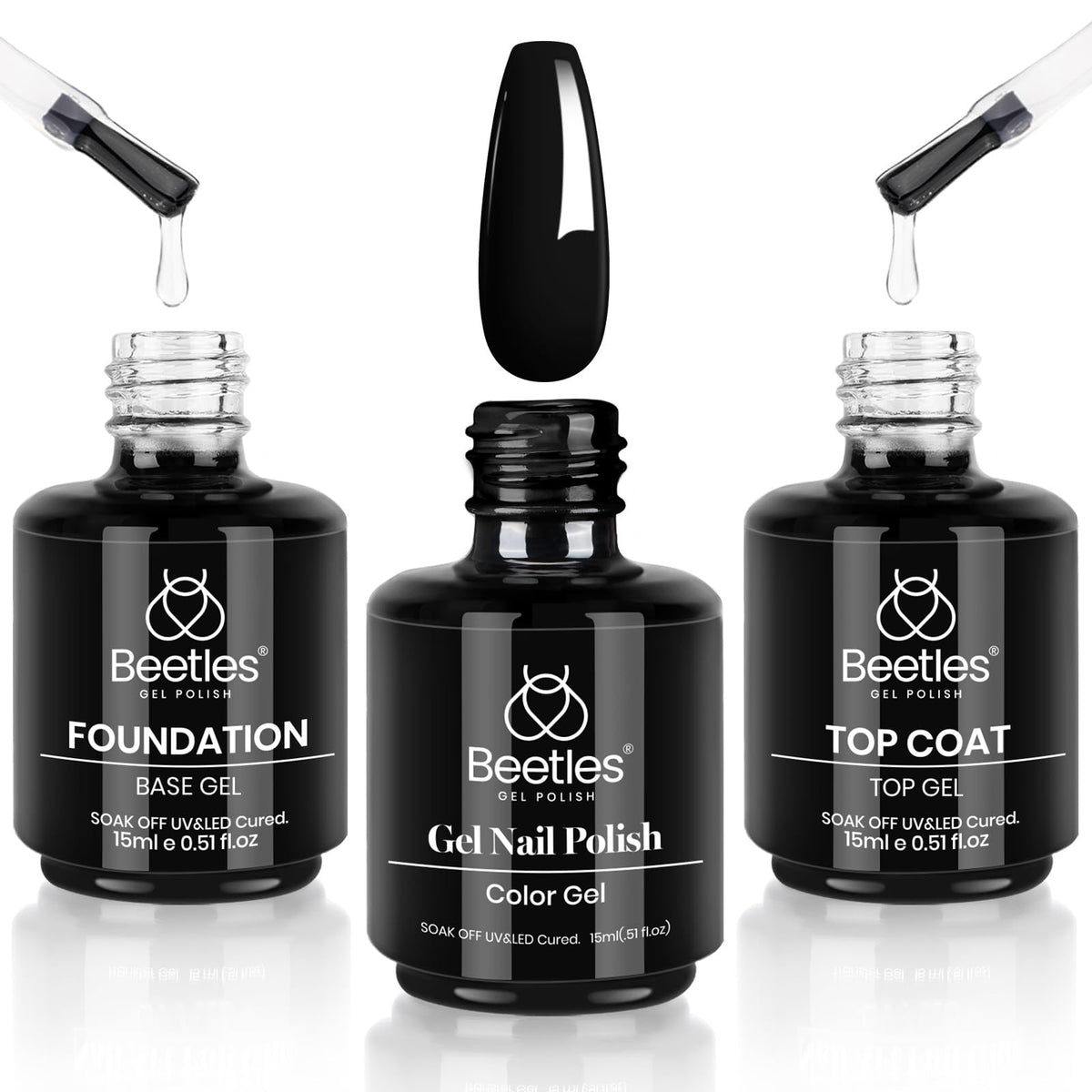 Set de vernis à ongles noir beetles 15ml avec top coat et base coat