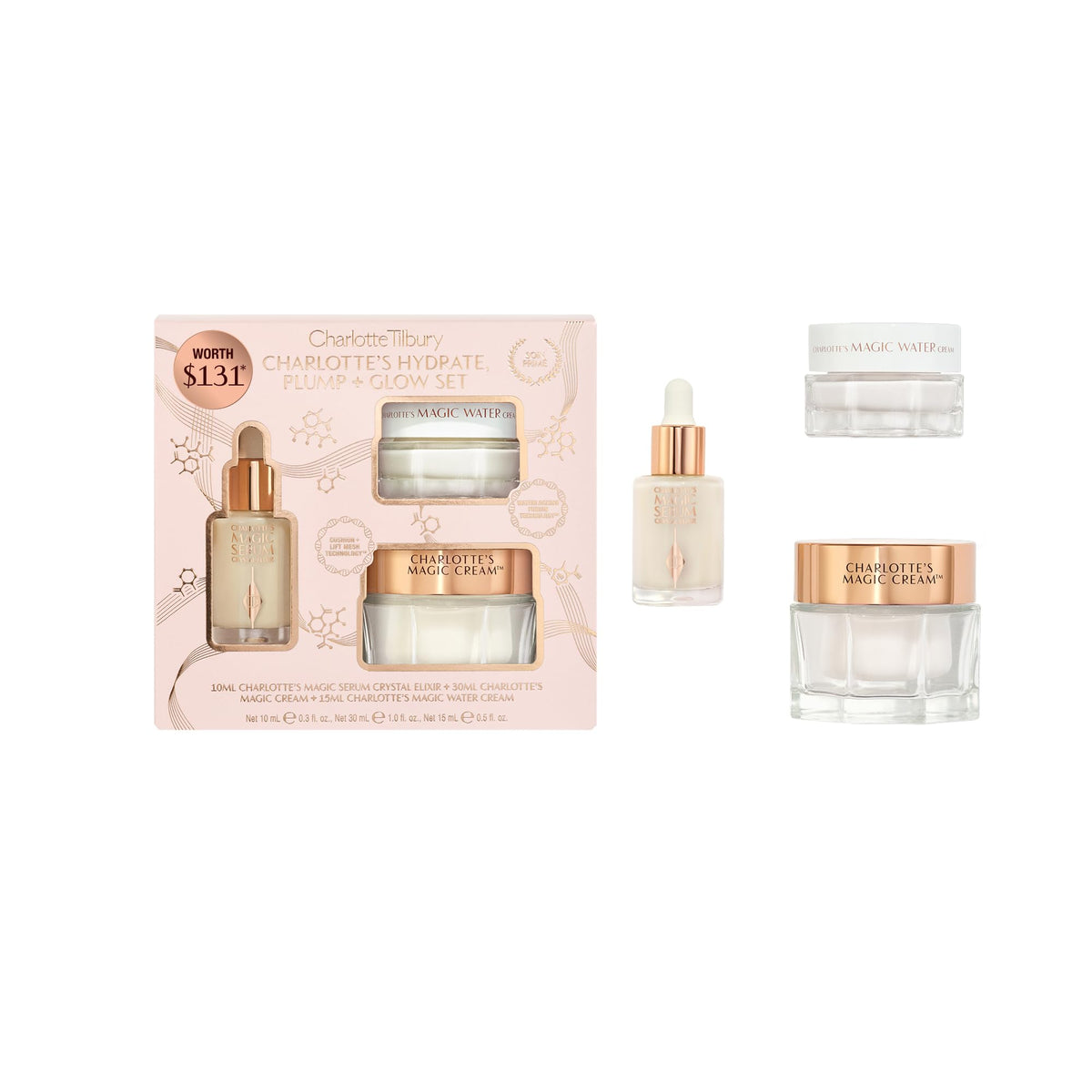 Set Hydrate, Plump & Glow de Charlotte Tilbury avec les trois produits à l'avant