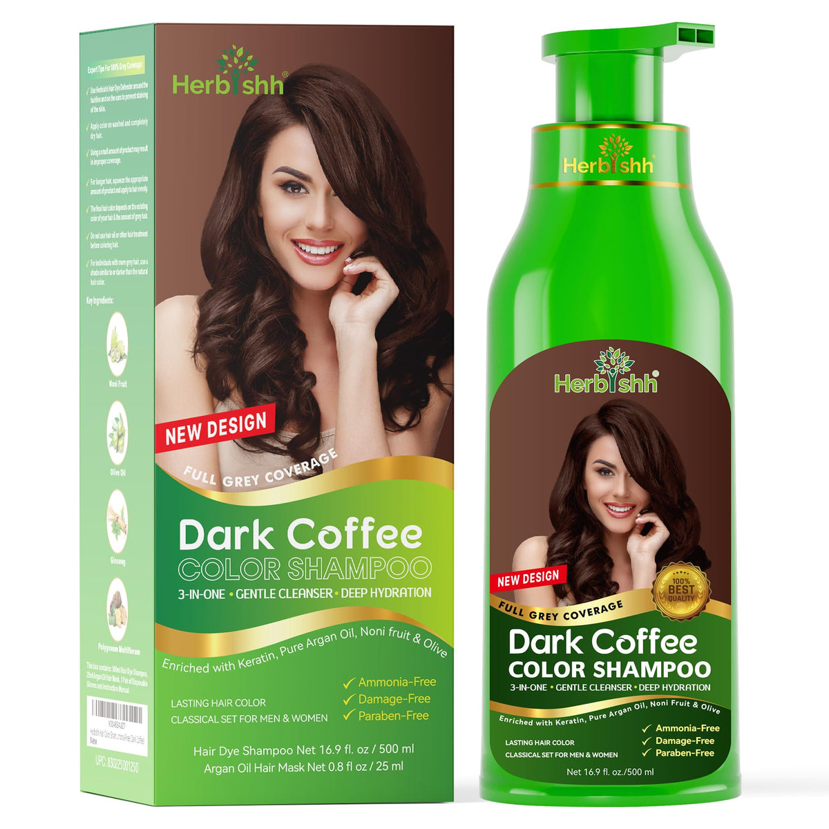 Shampooing colorant Herbishh 500ml, bouteille noire avec étiquette colorée