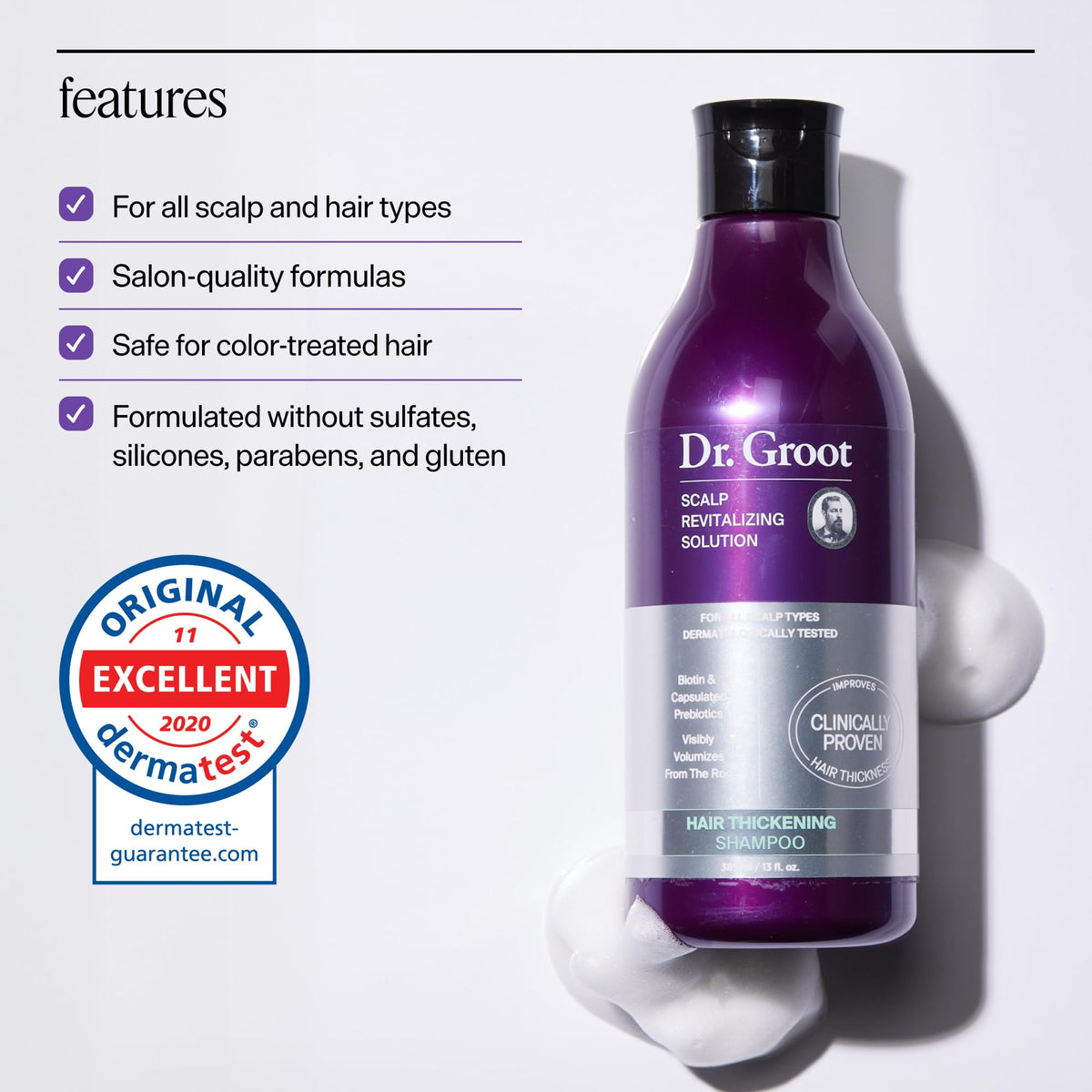 Shampooing Dr. Groot avec un flacon ouvert