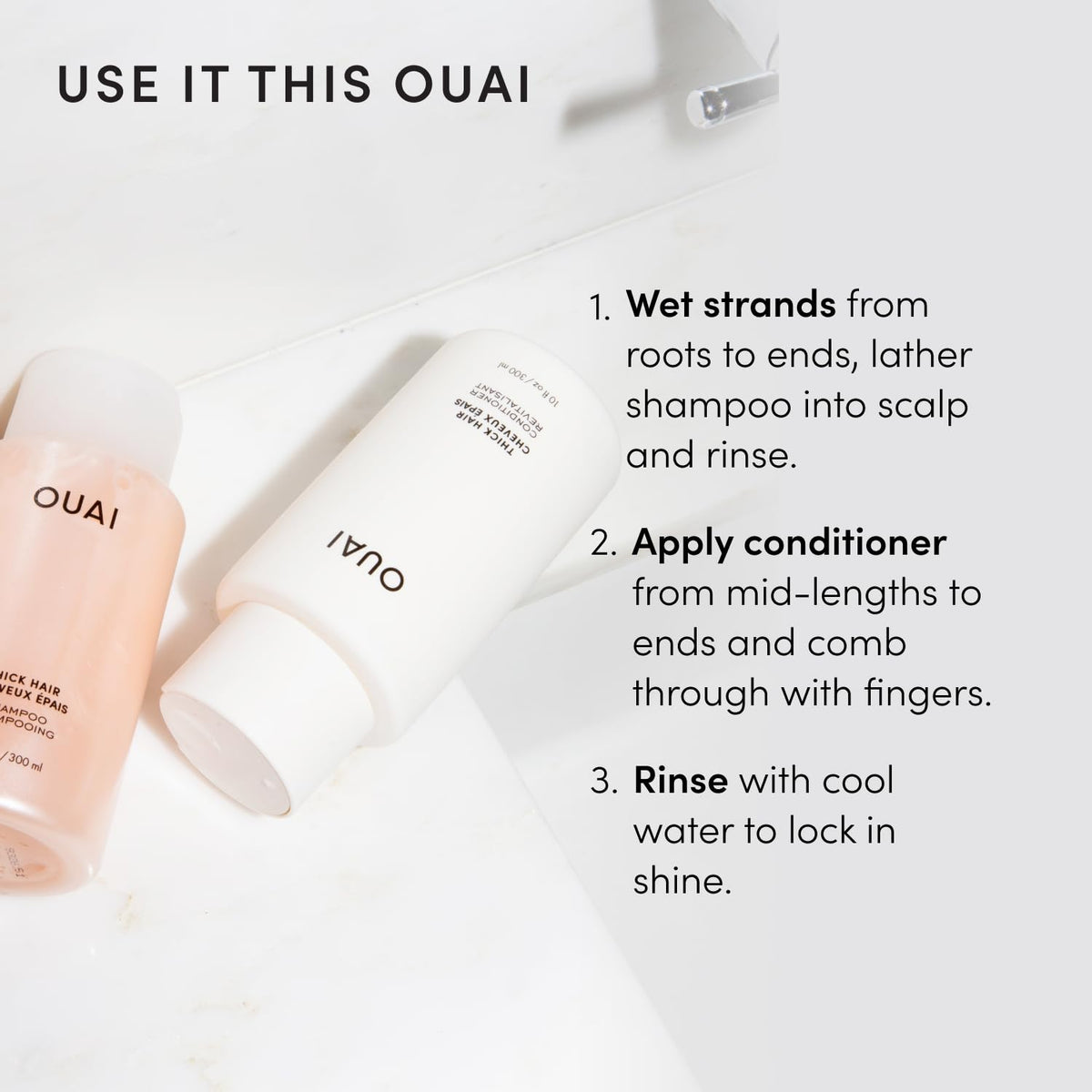 Shampooing et après-shampooing OUAI Épais en mise en scène festive