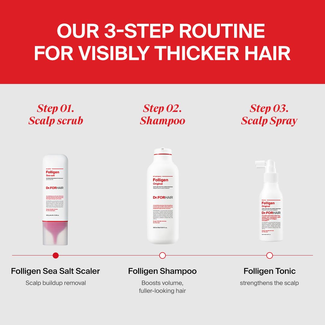 Shampooing Folligen de DR.FORHAIR avec ingrédients naturels sur une table