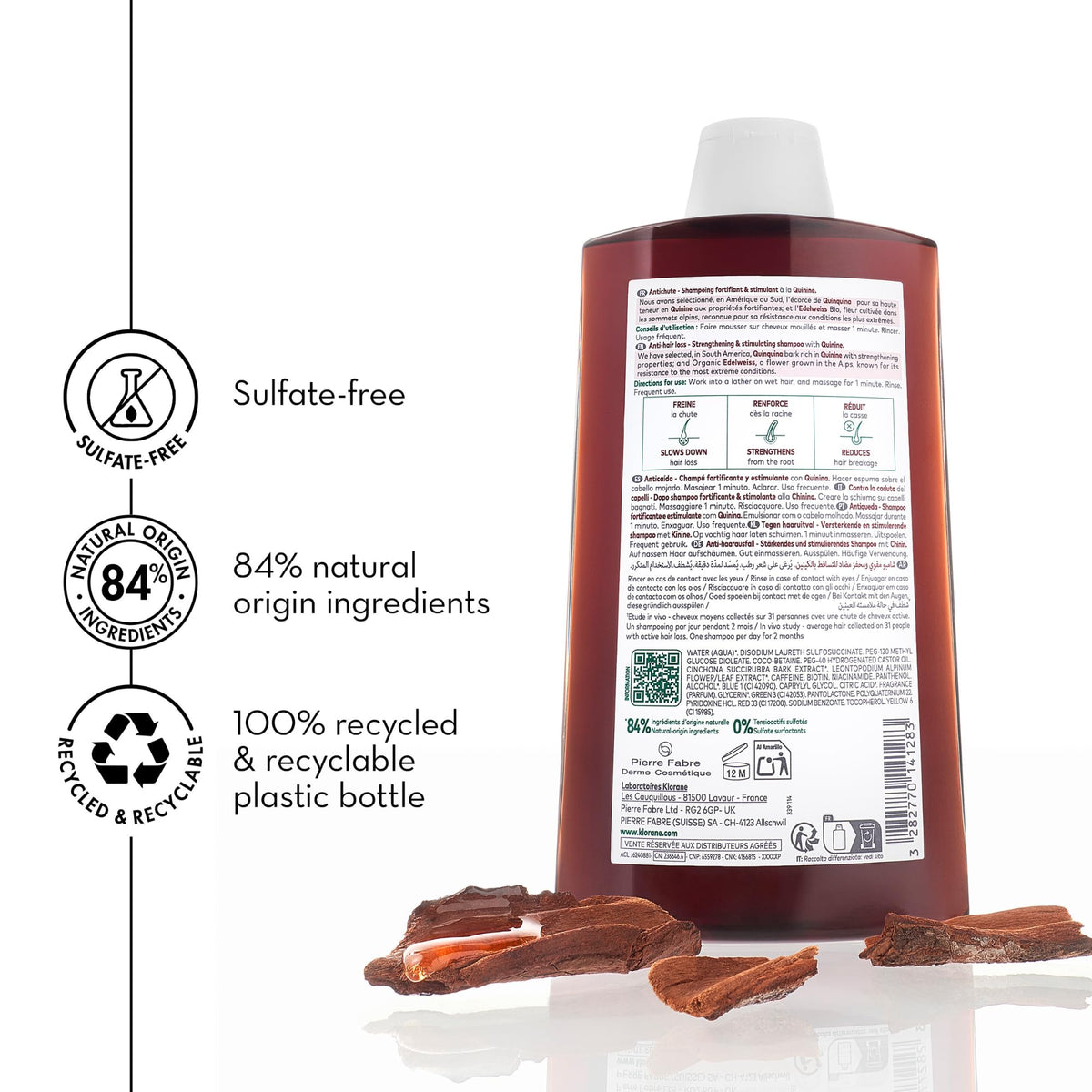 Shampooing Klorane au Quinine sur un fond naturel