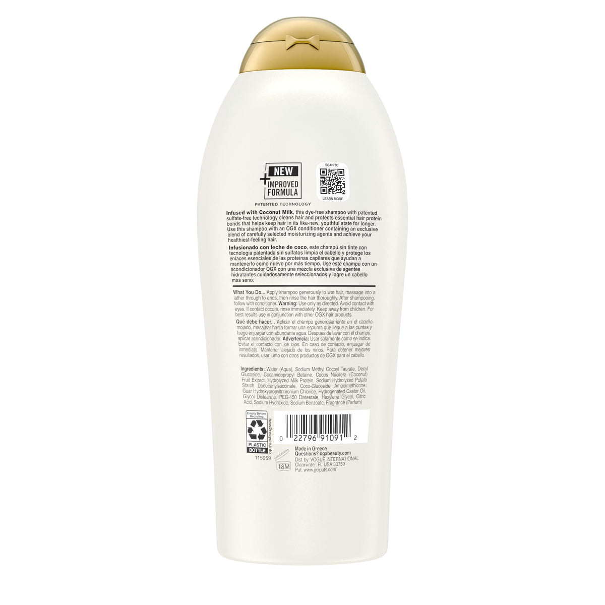 Shampooing OGX avec un parfum de coco, pêche blanche et beurre de karité