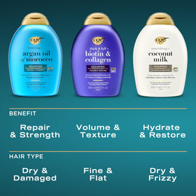Shampooing OGX Nourrissant + Lait de Coco sur fond neutre