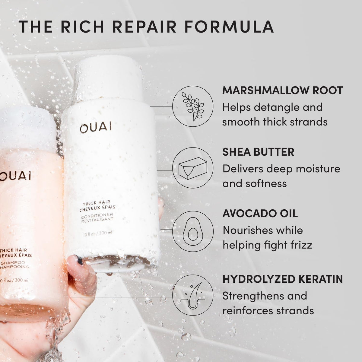 Shampooing OUAI Épais avec ingrédients naturels sur une table en bois