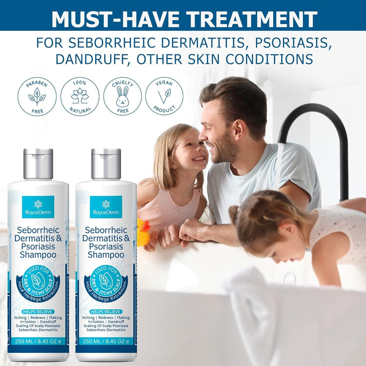 Shampooing Roycederm 331g en utilisation sur cuir chevelu
