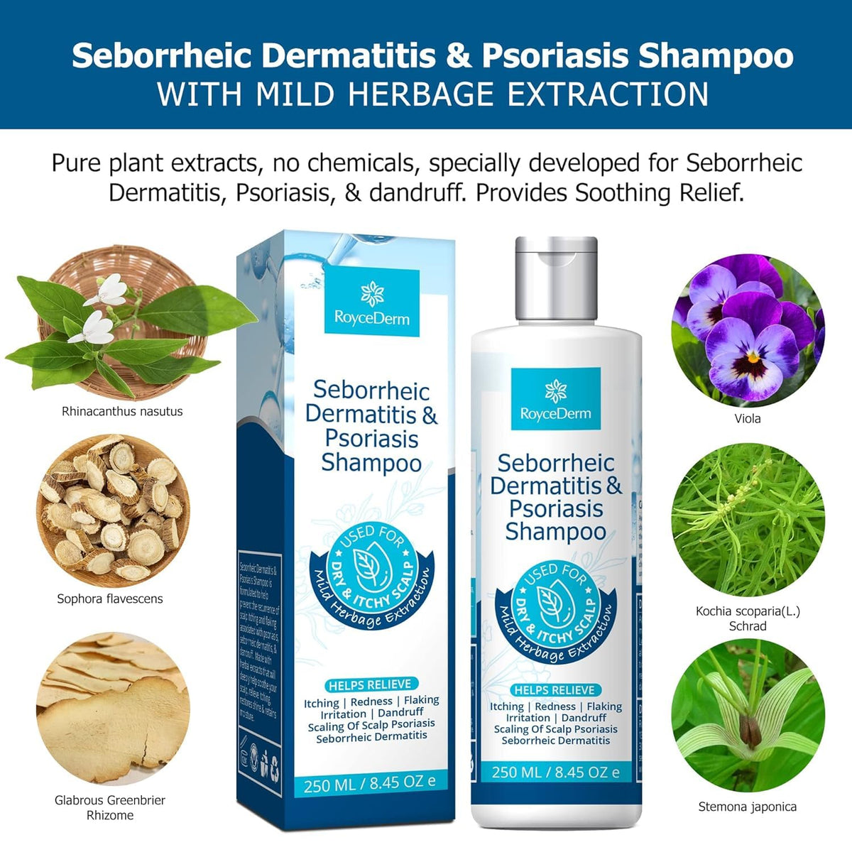 Shampooing Roycederm 331g sur une surface de salle de bain
