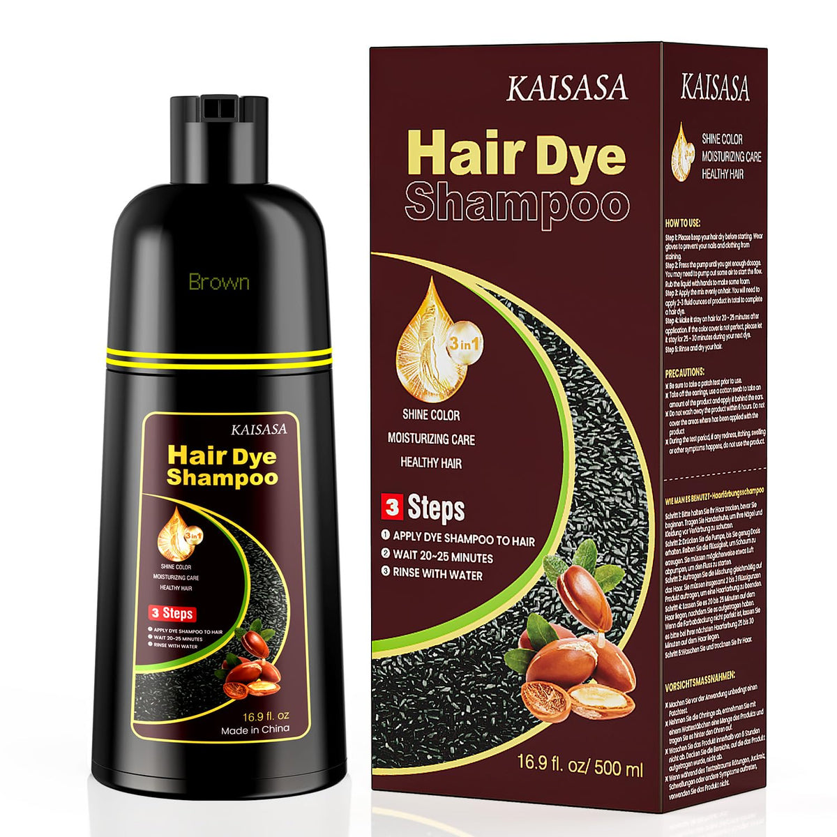 Shampooing teinture brun KAISASA vue avant avec bouchon noir