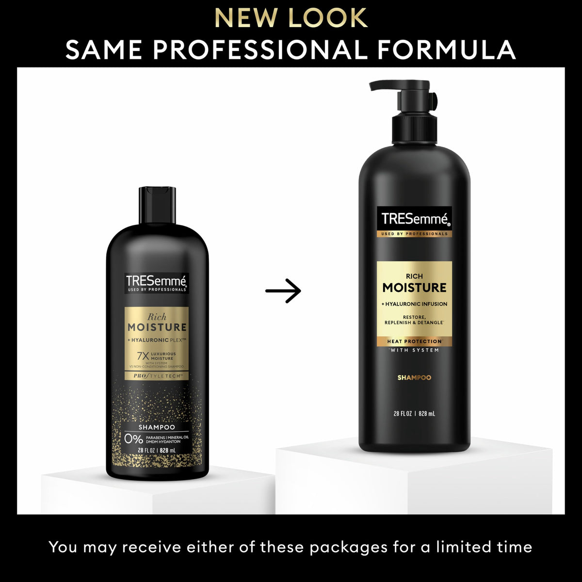Shampooing TRESemmé Rich Moisture 28 Fl Oz, côté avec étiquette