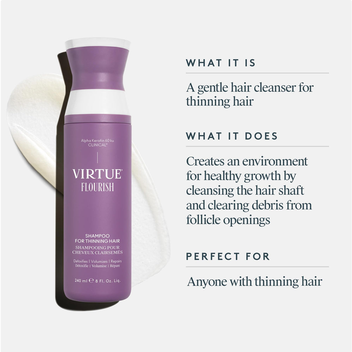 Shampooing VIRTUE Flourish 300g côté avec bouchon